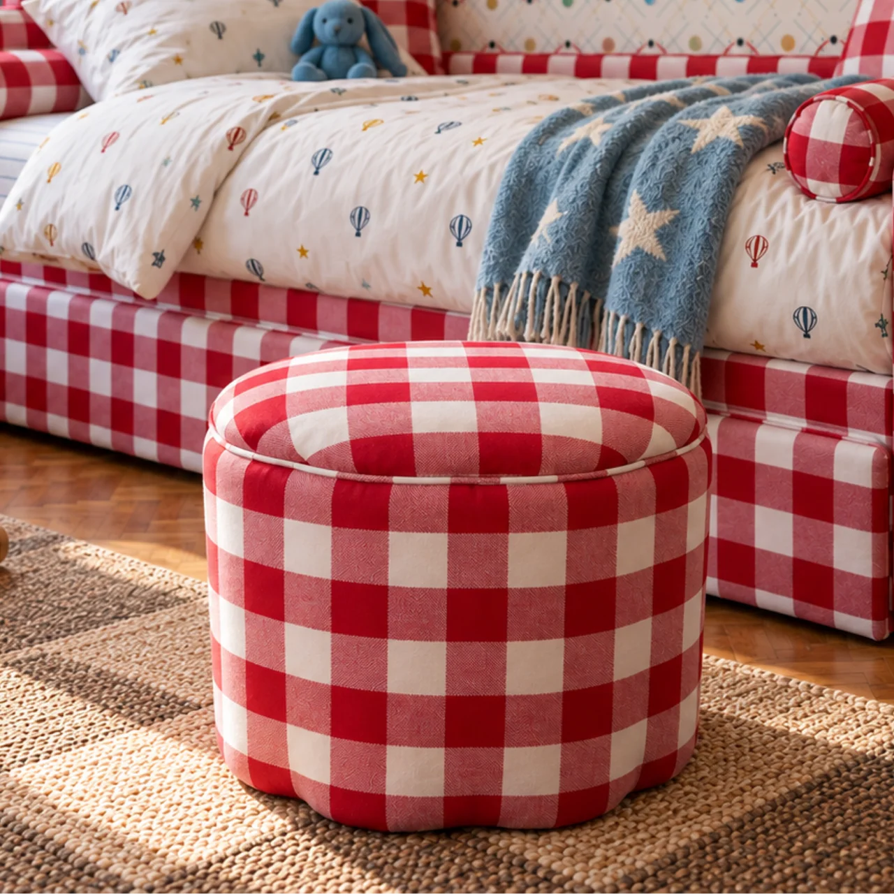 red gingham storage ottoman