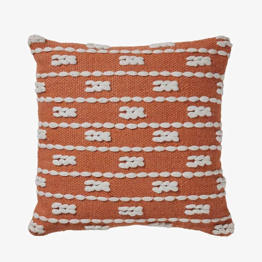 Indoor Outdoor Terracotta and White Braid Design Scatter Cushion from House of Isabella pictured on an off white background