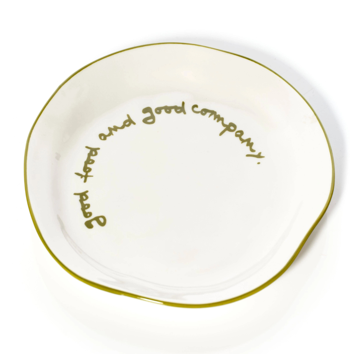 a white plate with green writing and a green rim