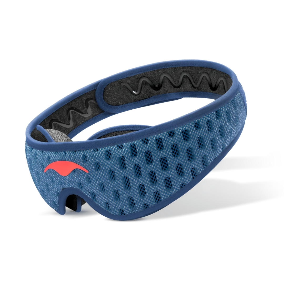 Manta PRO Sleep Mask pictured in blue high tech eye mask on a white background