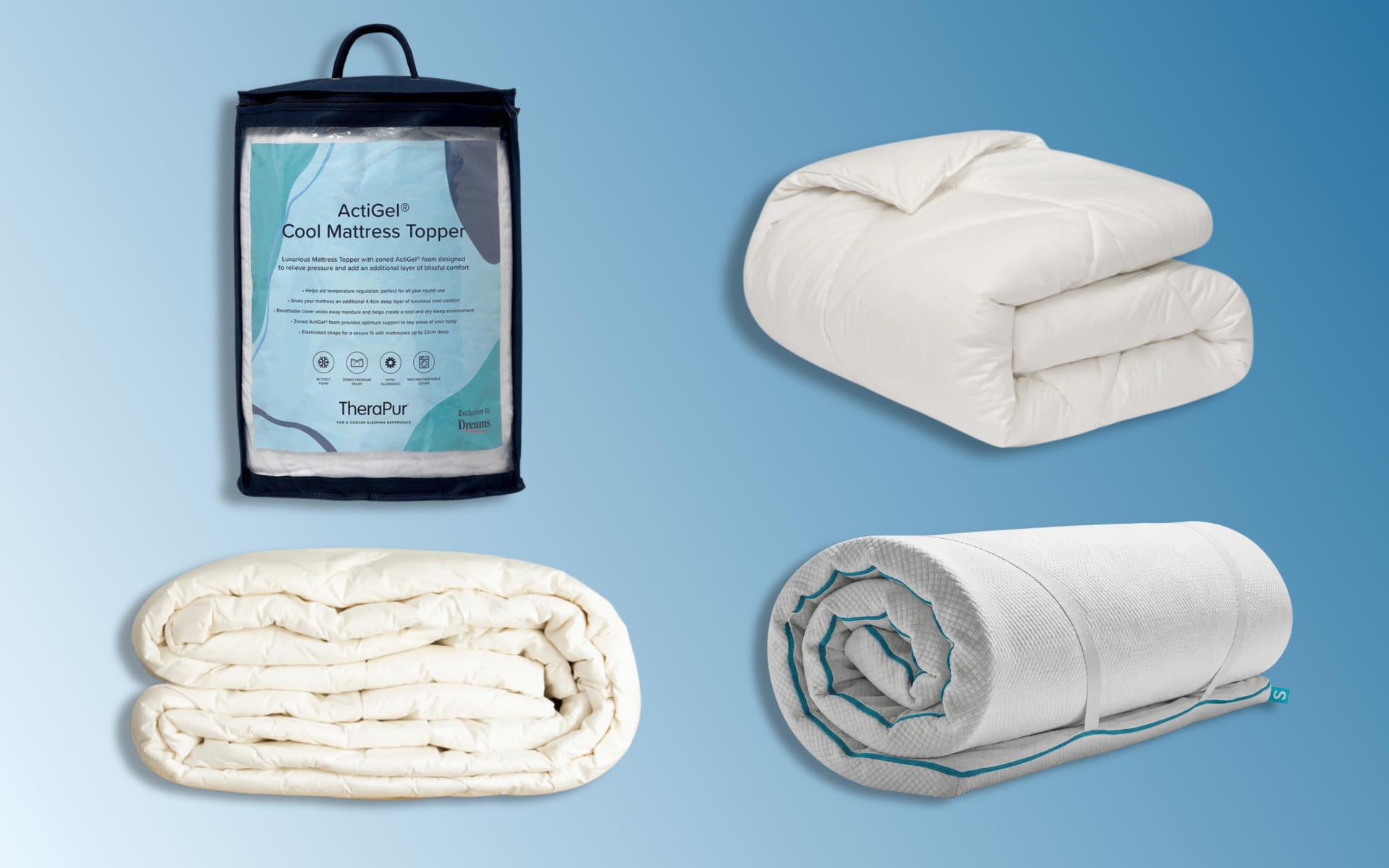 4 cooling mattress toppers on a blue background