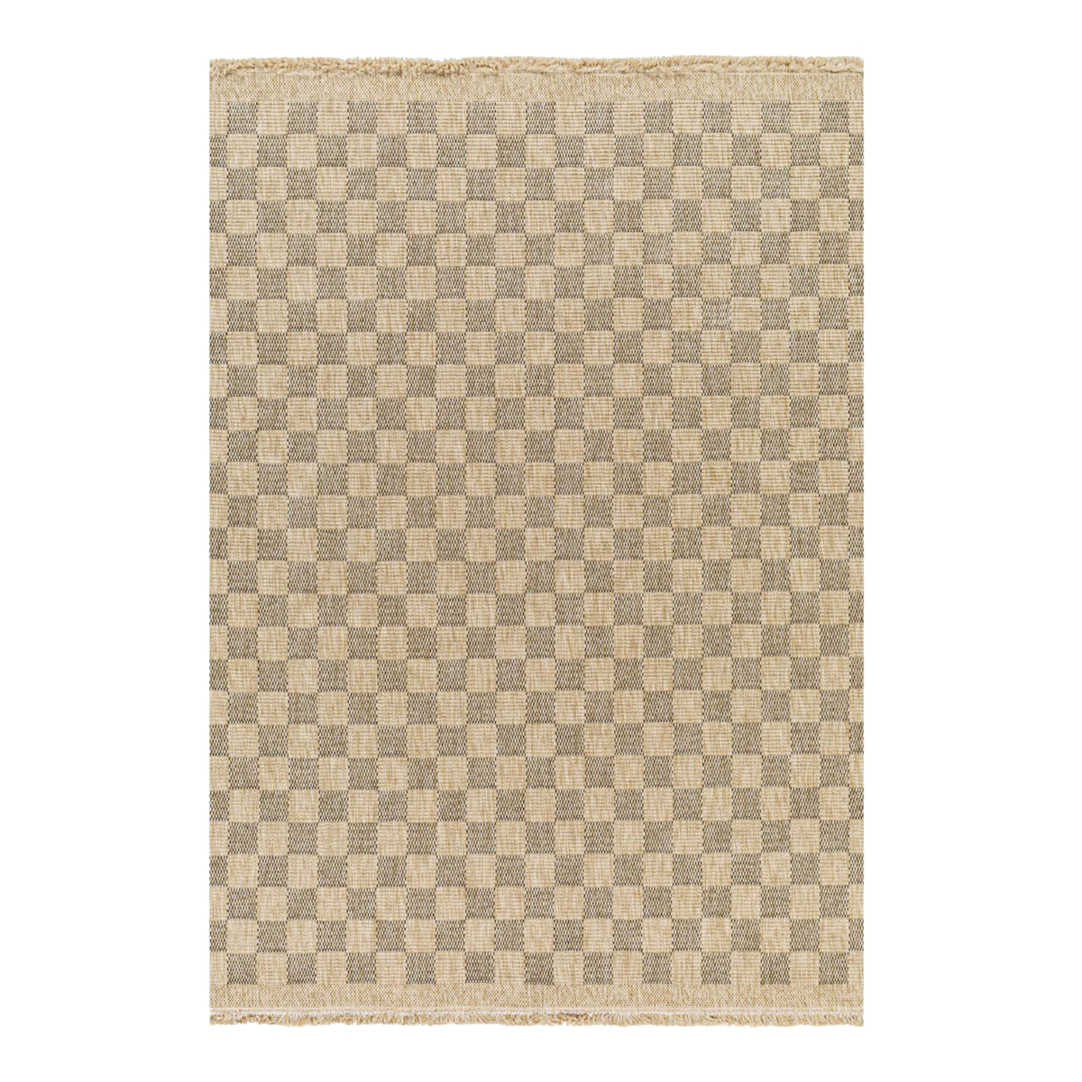 neutral and grey checkerboard jute outdoor rug