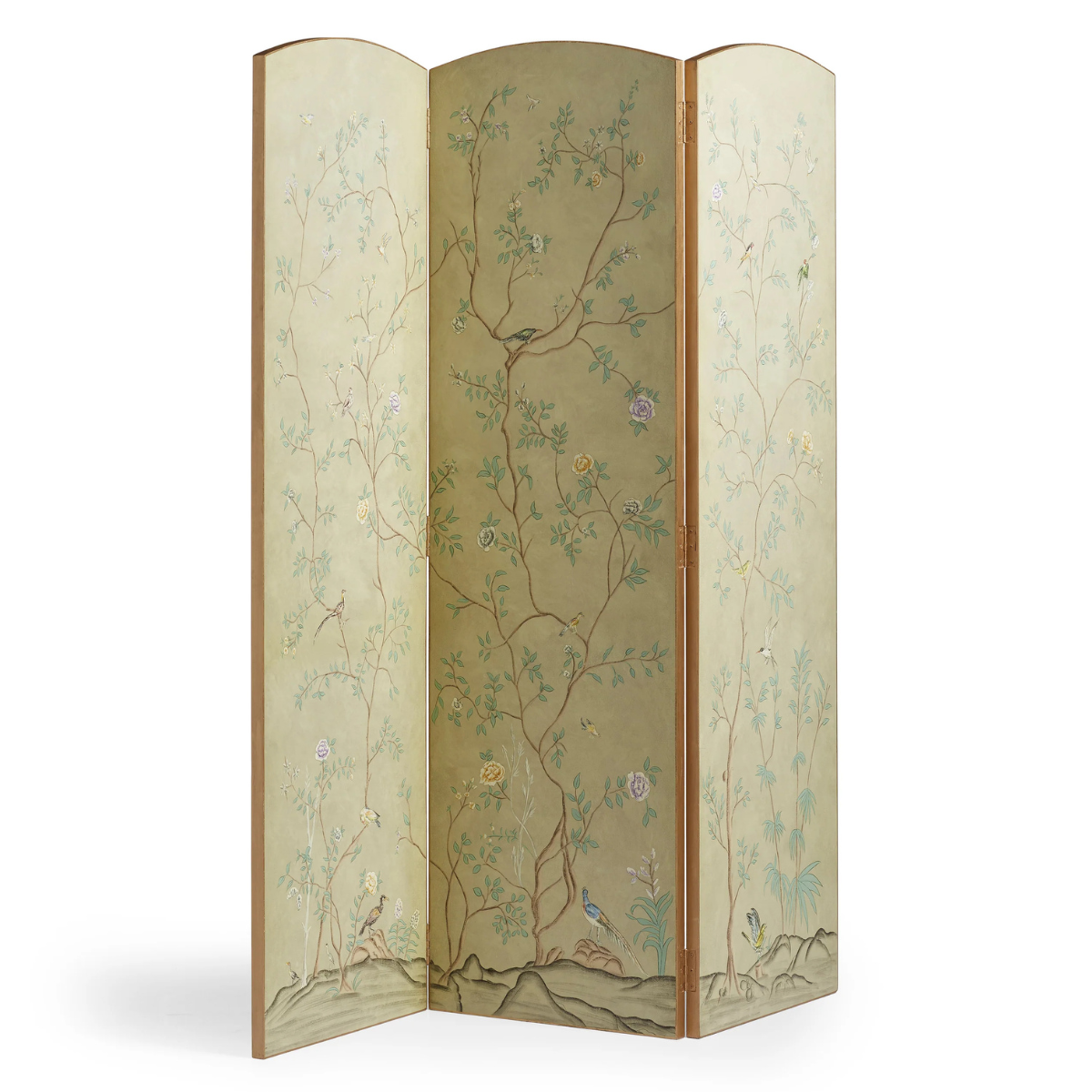 A CREAM FOLDING SCREEN WITH BOTANICAL AND BIRD ILLUSTRATIONS