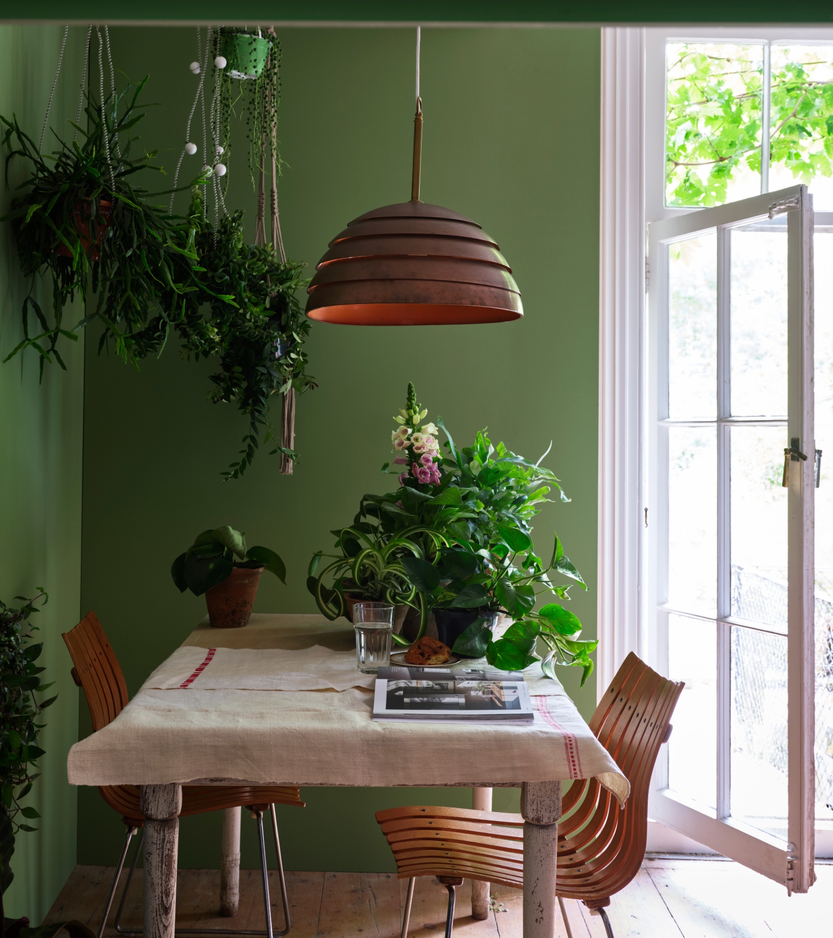 A dining room with bright green walls, hanging green plants, a light wooden dining table and a white open door