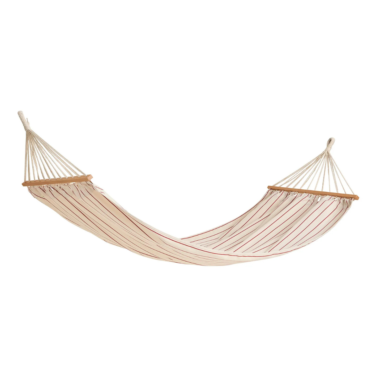 a beige hammock with thin red stripes