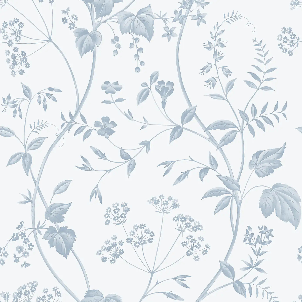 blue floral trailing wallpaper with flowers and leaves