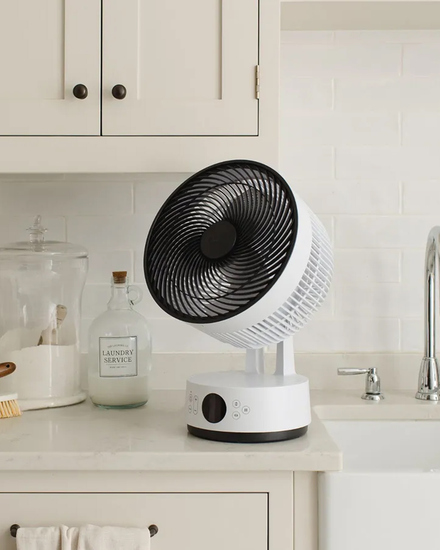 meaco desk fan on a kitchen countertop