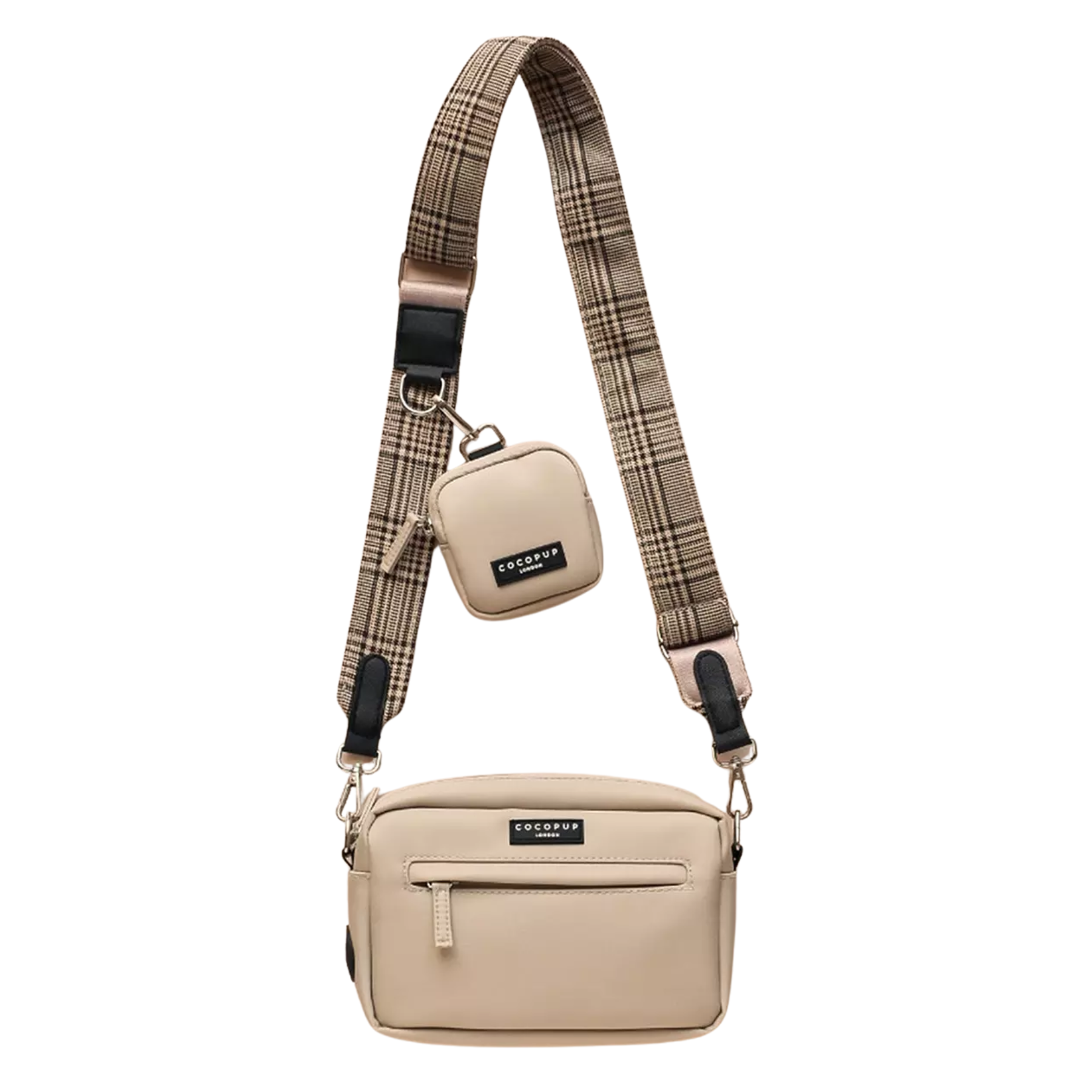 a beige dog walking bag with a beige tartan strap