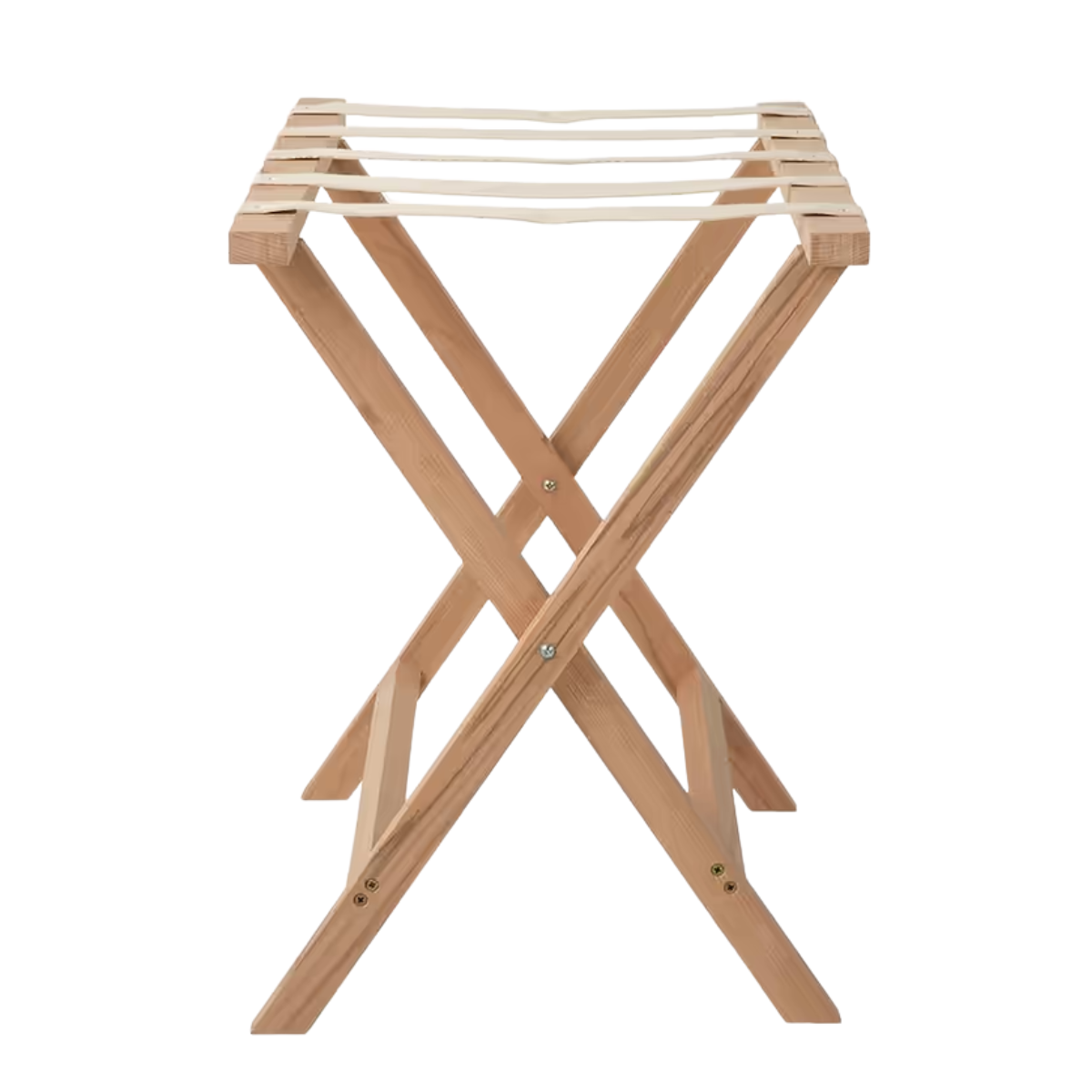 pale wood luggage rack with cream straps