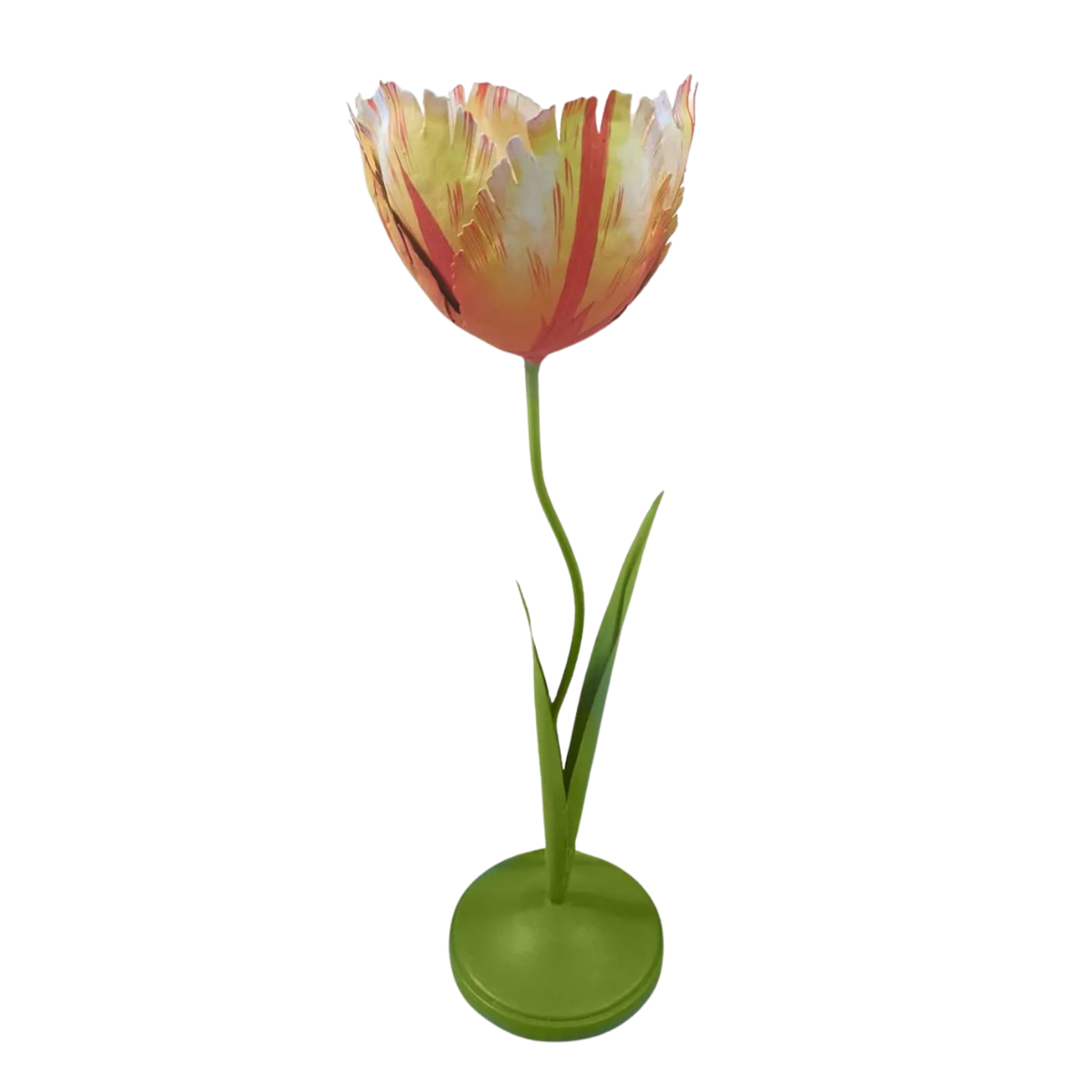 a metal orange and green tulip shape candle holder