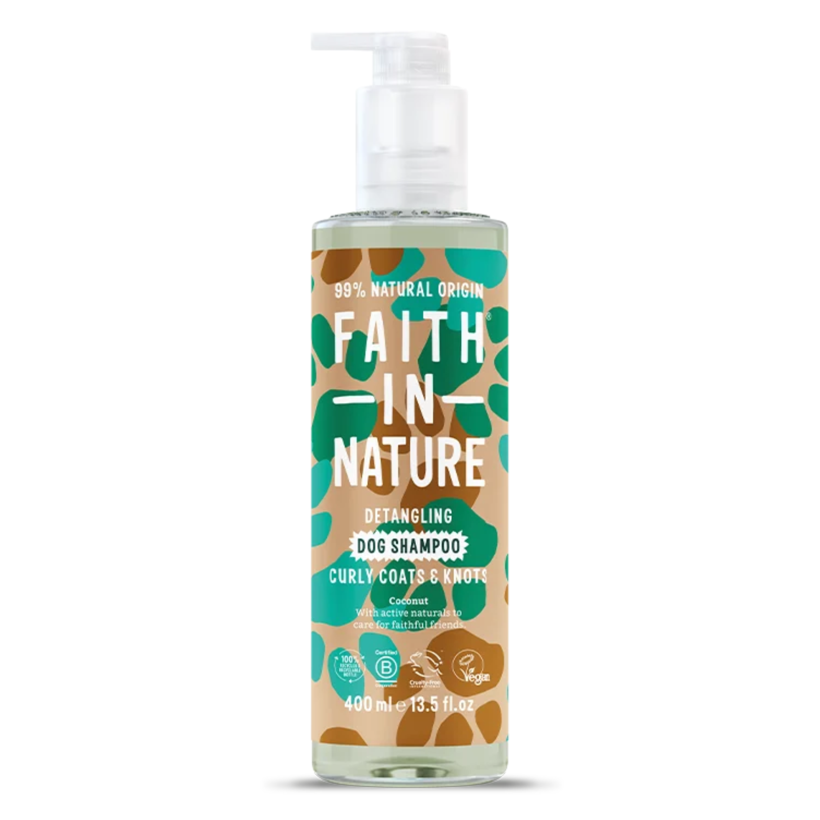 a bottle of faith in nature coconut dog shampoo with a brown, green and blue spotty label