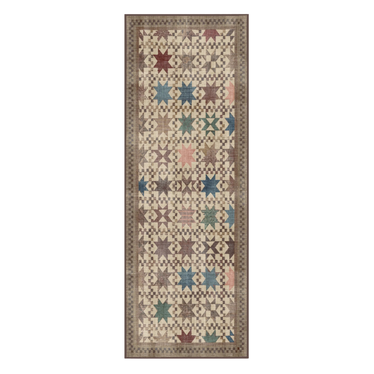 a brown, red and blue runner rug with a star pattern on a white background