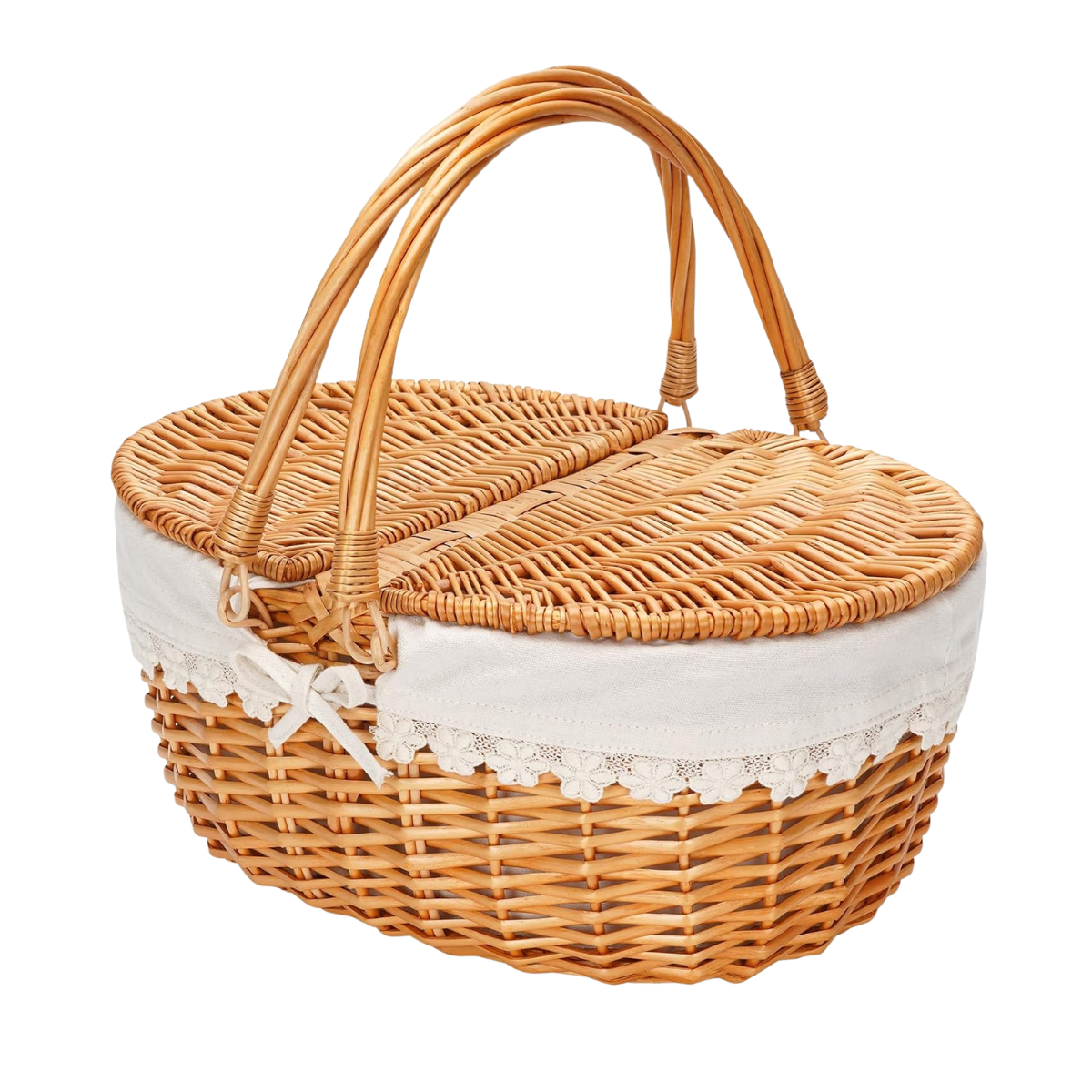 a wicker picnic basket with a lid and a white lace trim
