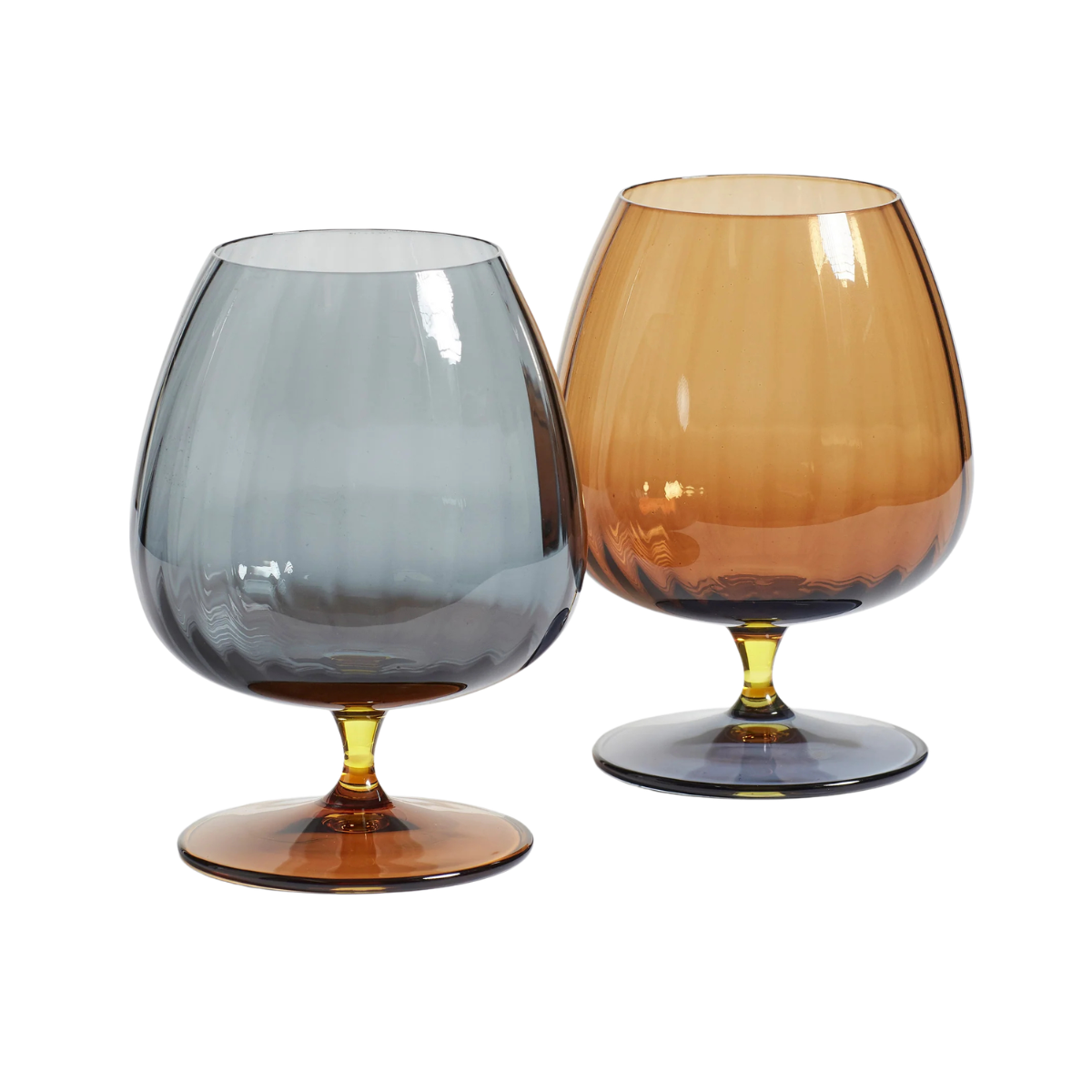 a set of two short stemmed gin glasses in blue and amber