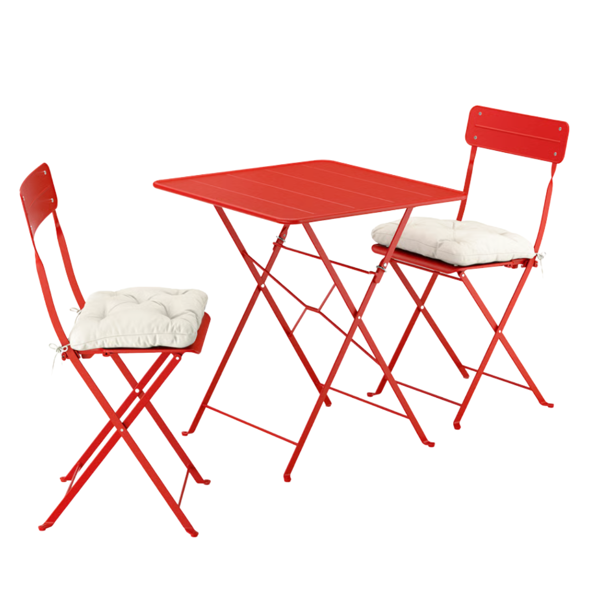 a bright red bistro set with cream seat pads