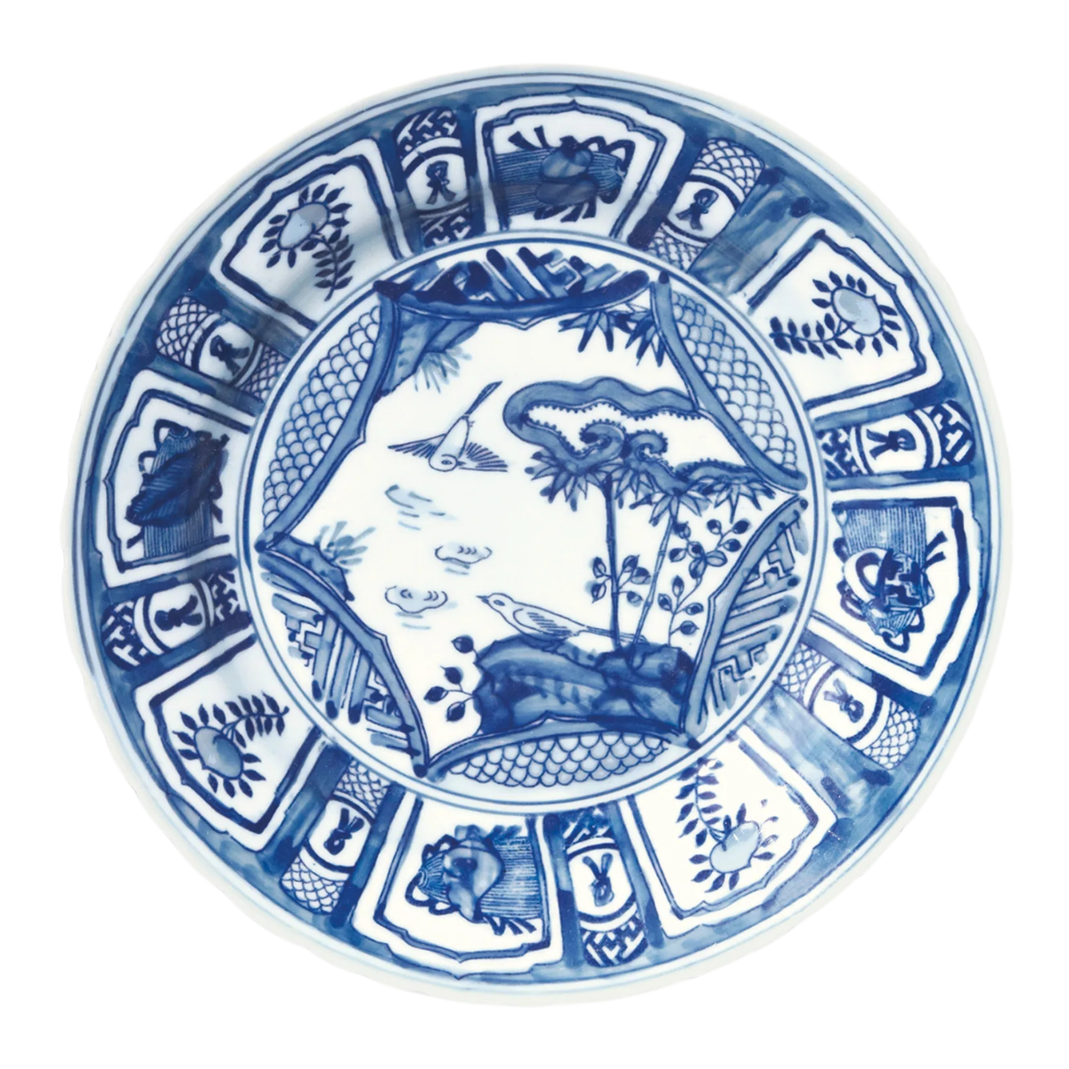 a blue and white patterned plate