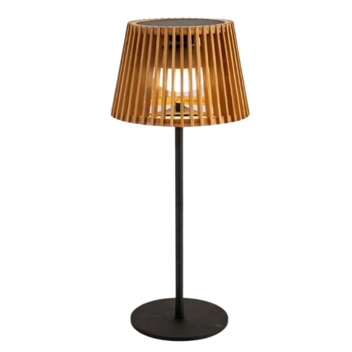 a wooden rattan outdoor solar lamp with black base