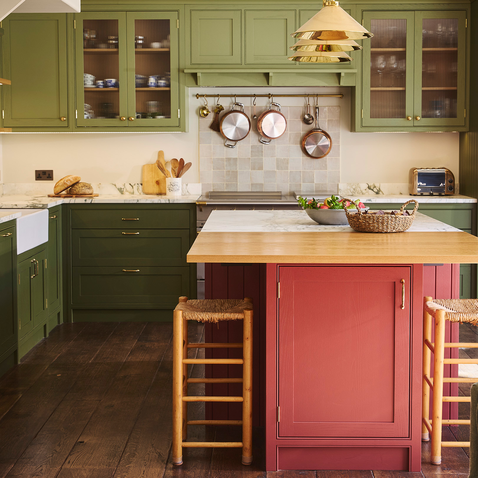 green kitchen with red island