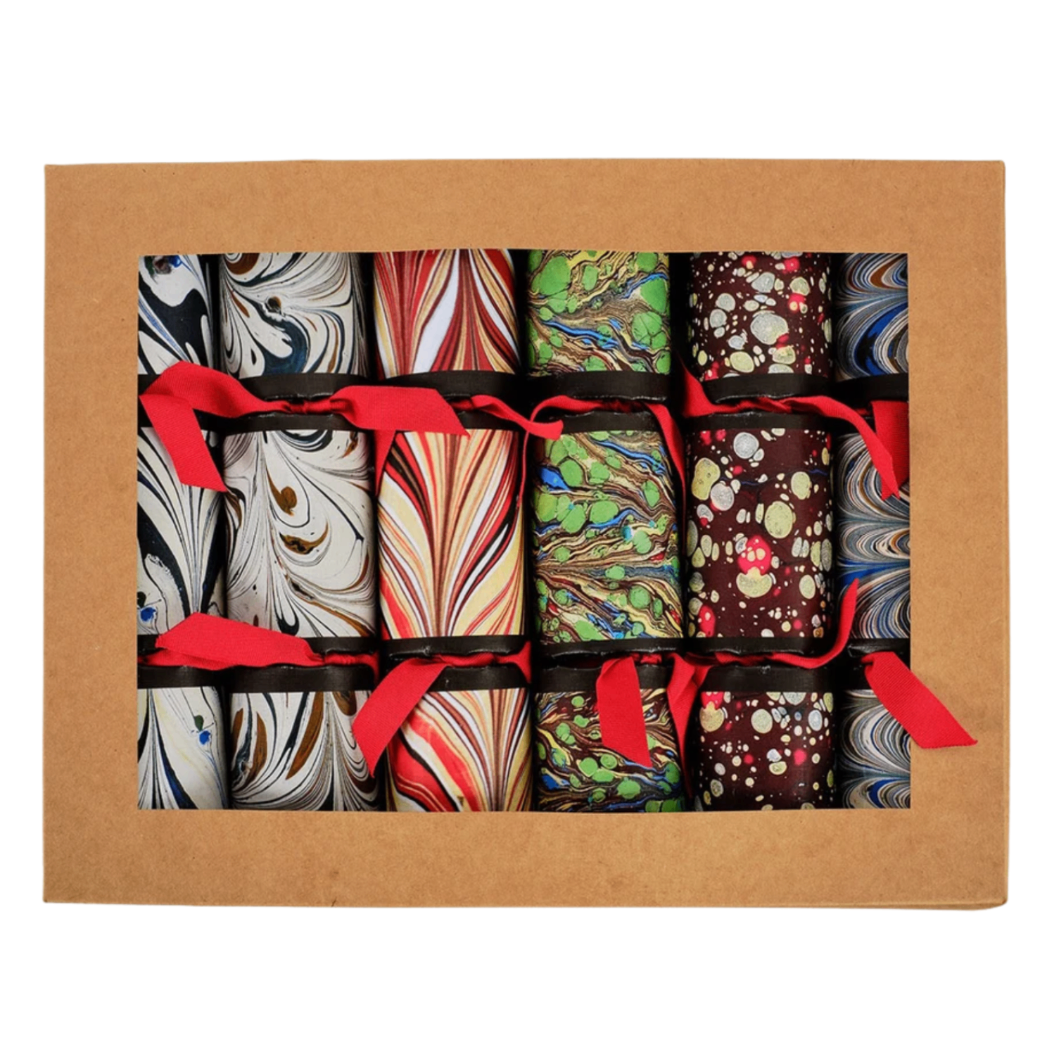 A kraft cardboard box of six Heal’s Christmas crackers featuring swirling, hand-marbled paper in vibrant red, green, navy, black, and gold patterns. Tied with bright red ribbon bows at each gathered end.