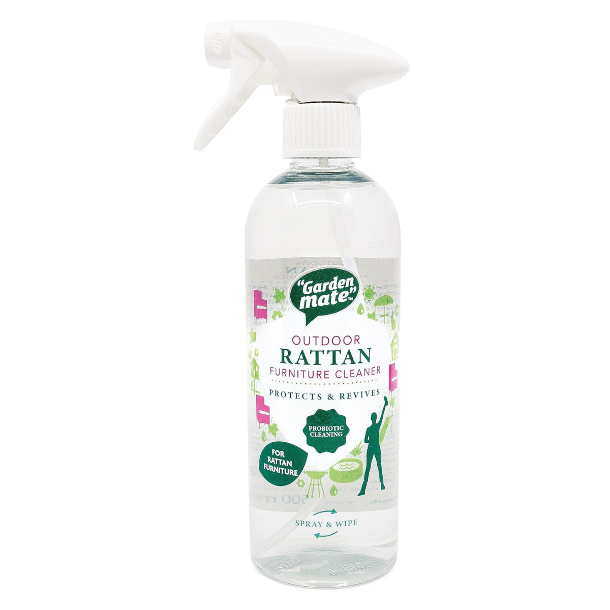 rattan garden furniture spray in a clear bottle with a green and pink label