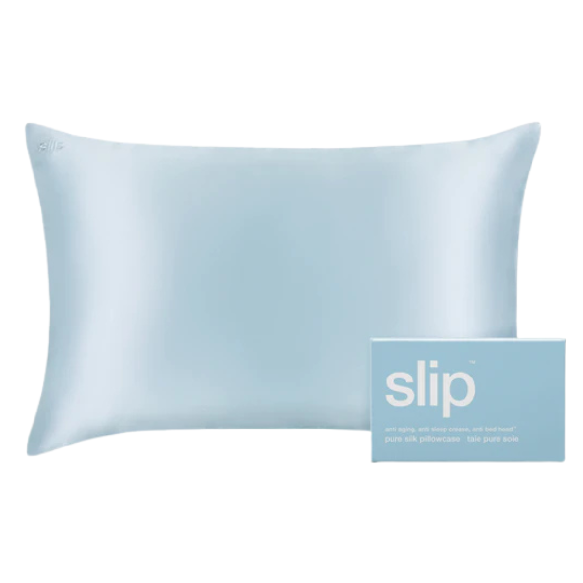 a pale blue silk pillowcase
