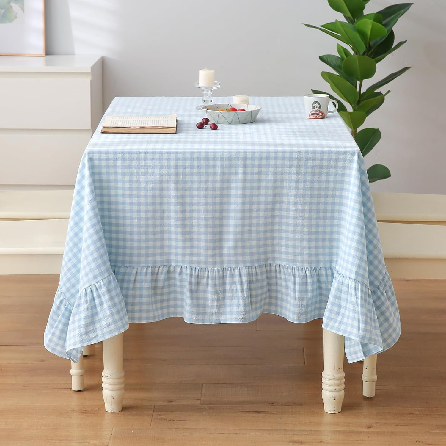 light blue gingham ruffle table cloth