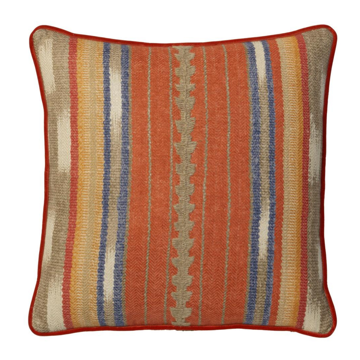 a rust orange, olive and blue stripe cushion