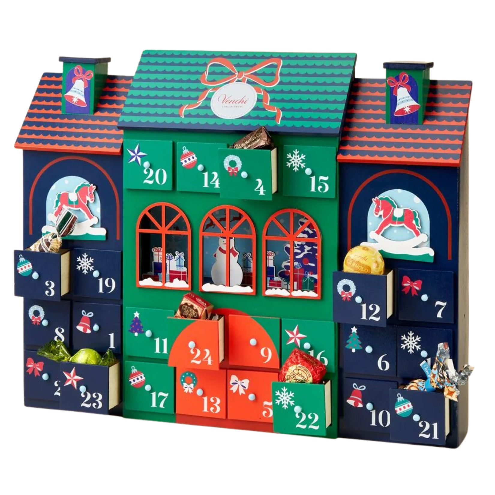 Venchi wooden house-shaped advent calendar in green, blue, and orange with small drawers revealing wrapped chocolates