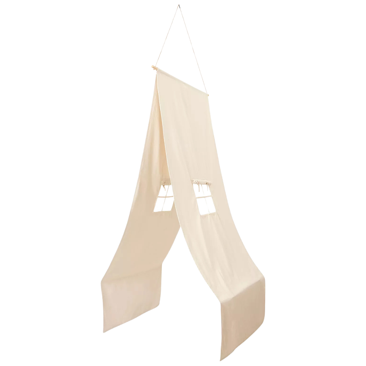 a cream tent style hanging bed canopy