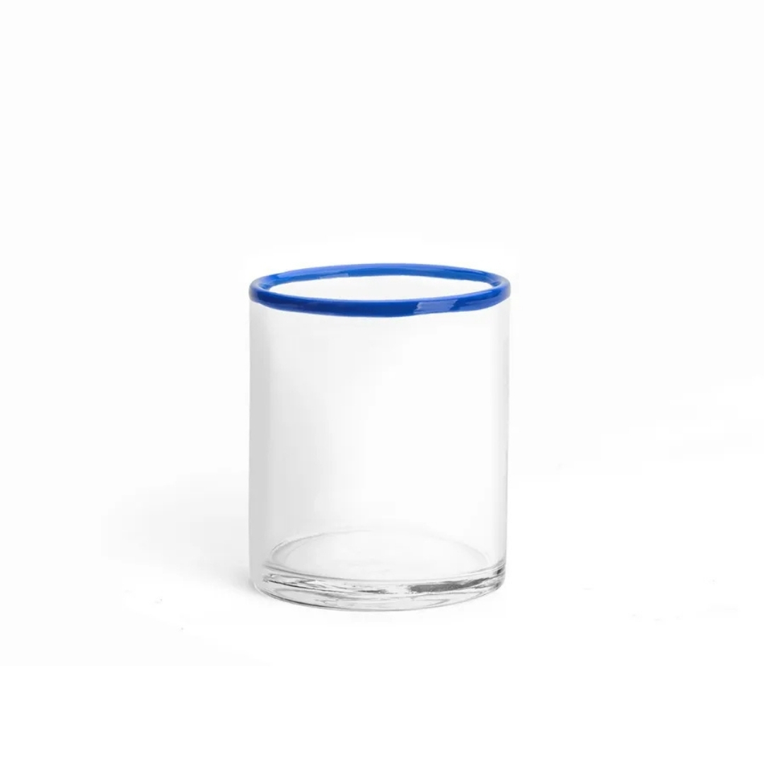 Idbury Low Ball Blue Rim glass from daylesford greek looking homeware pictured on a white background