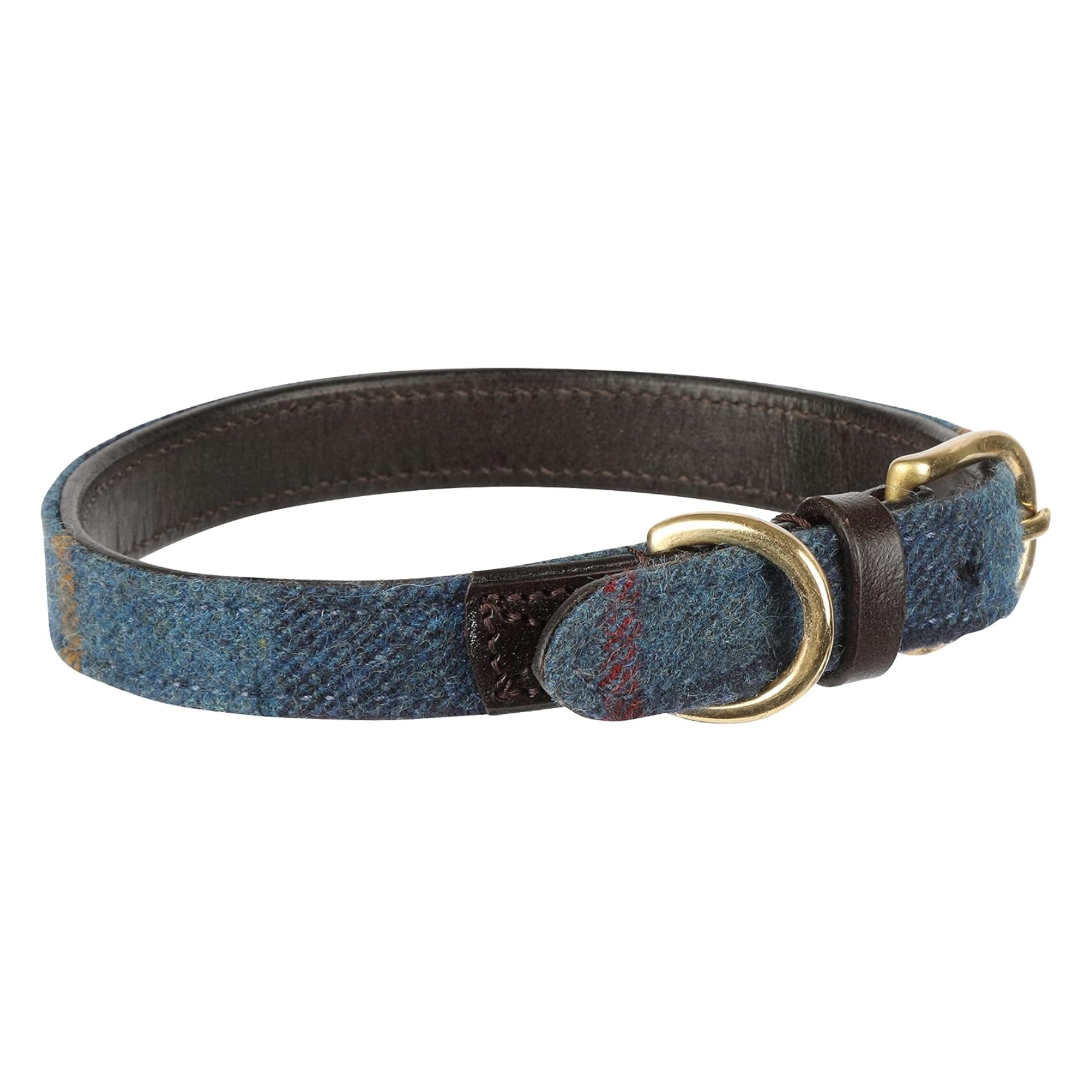 a navy tartan tweed dog collar with brown leather and gold hardware