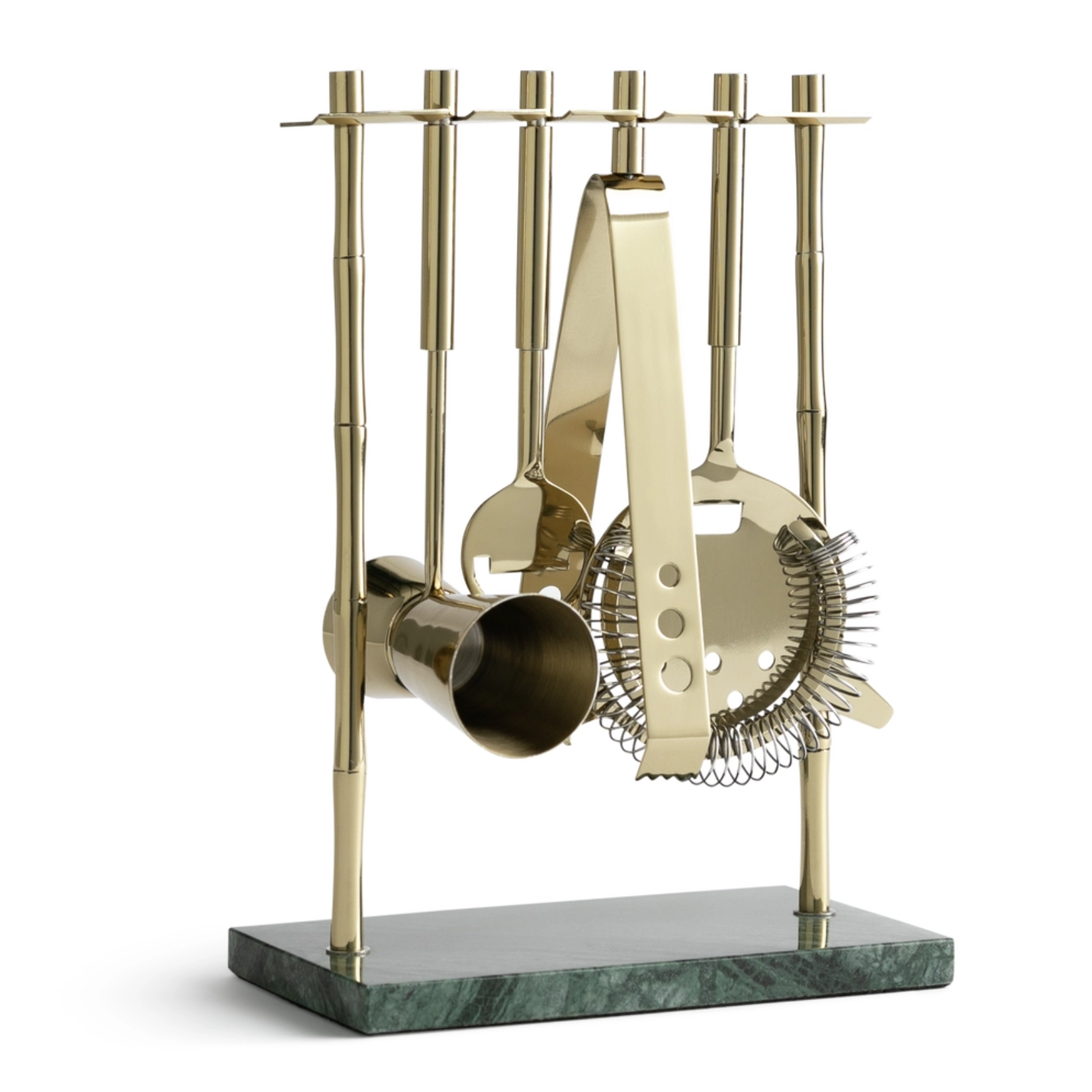 gold and dark green marble cocktail tool set