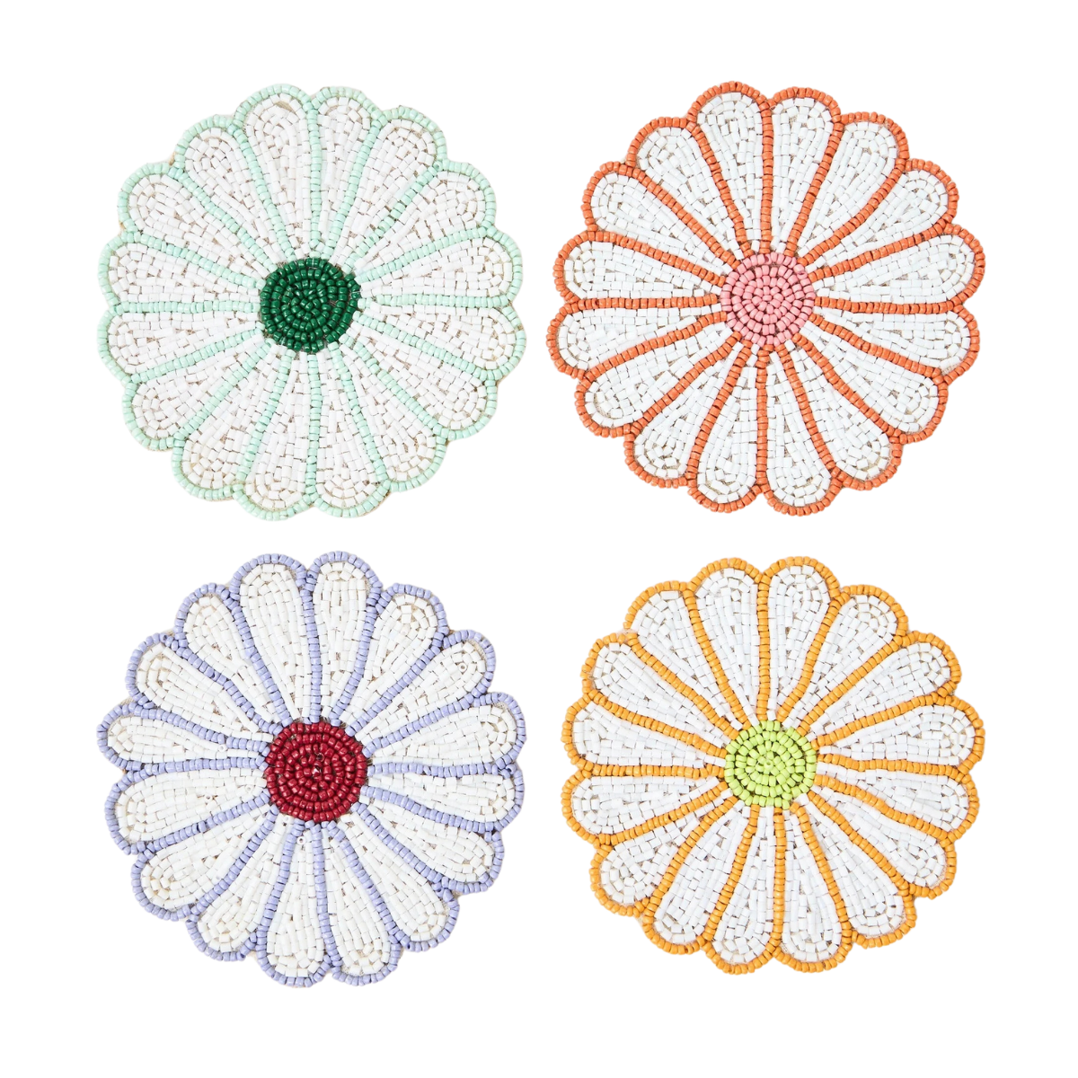4 beaded coasters in the shape of flowers in different colours