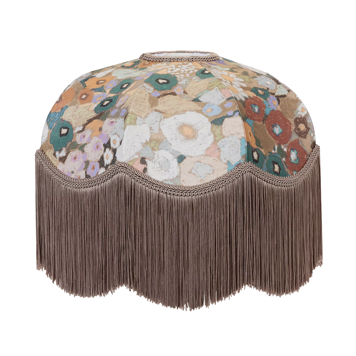 dark floral lampshade with long brown tassels