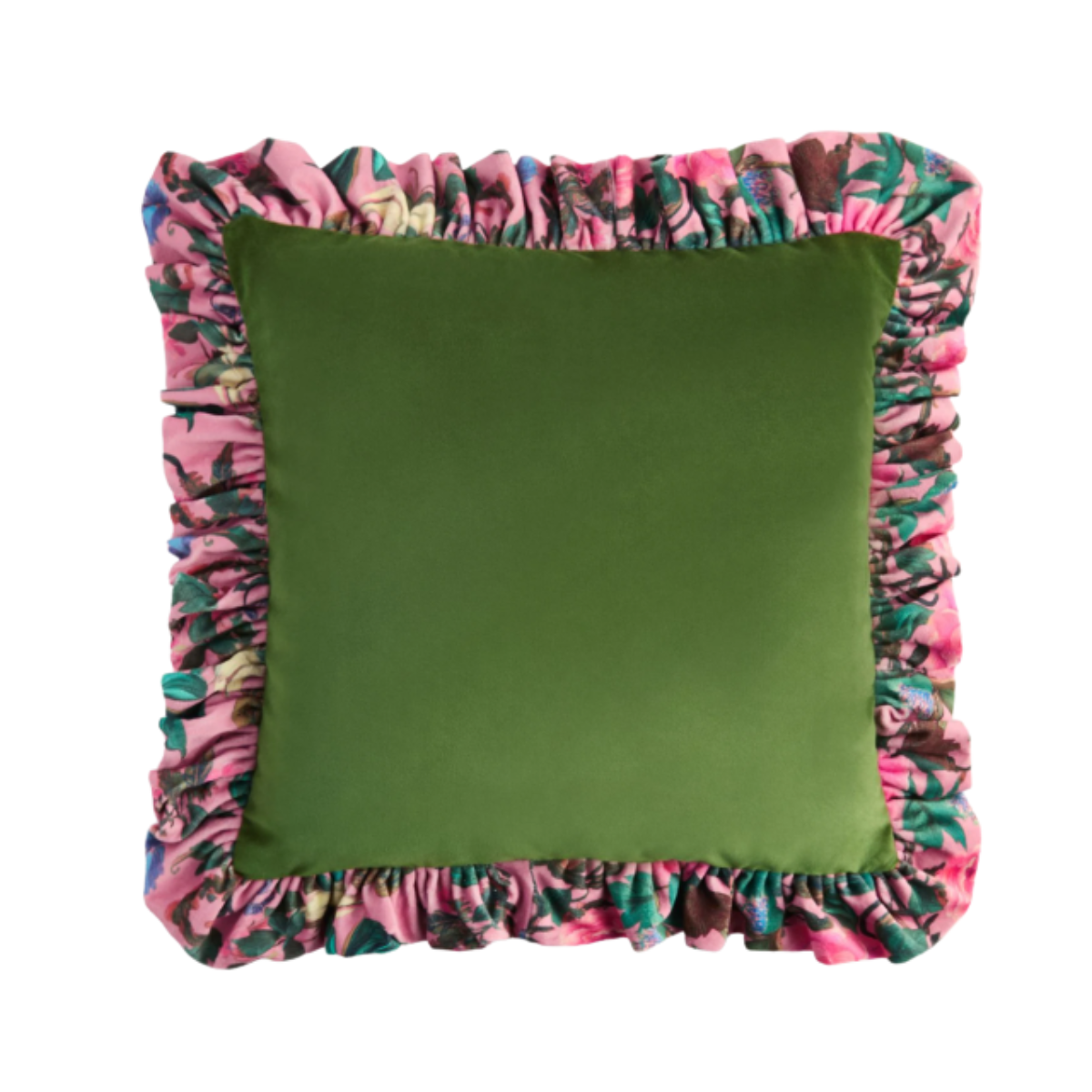 a green velvet cushion with a pink floral ruffle trim