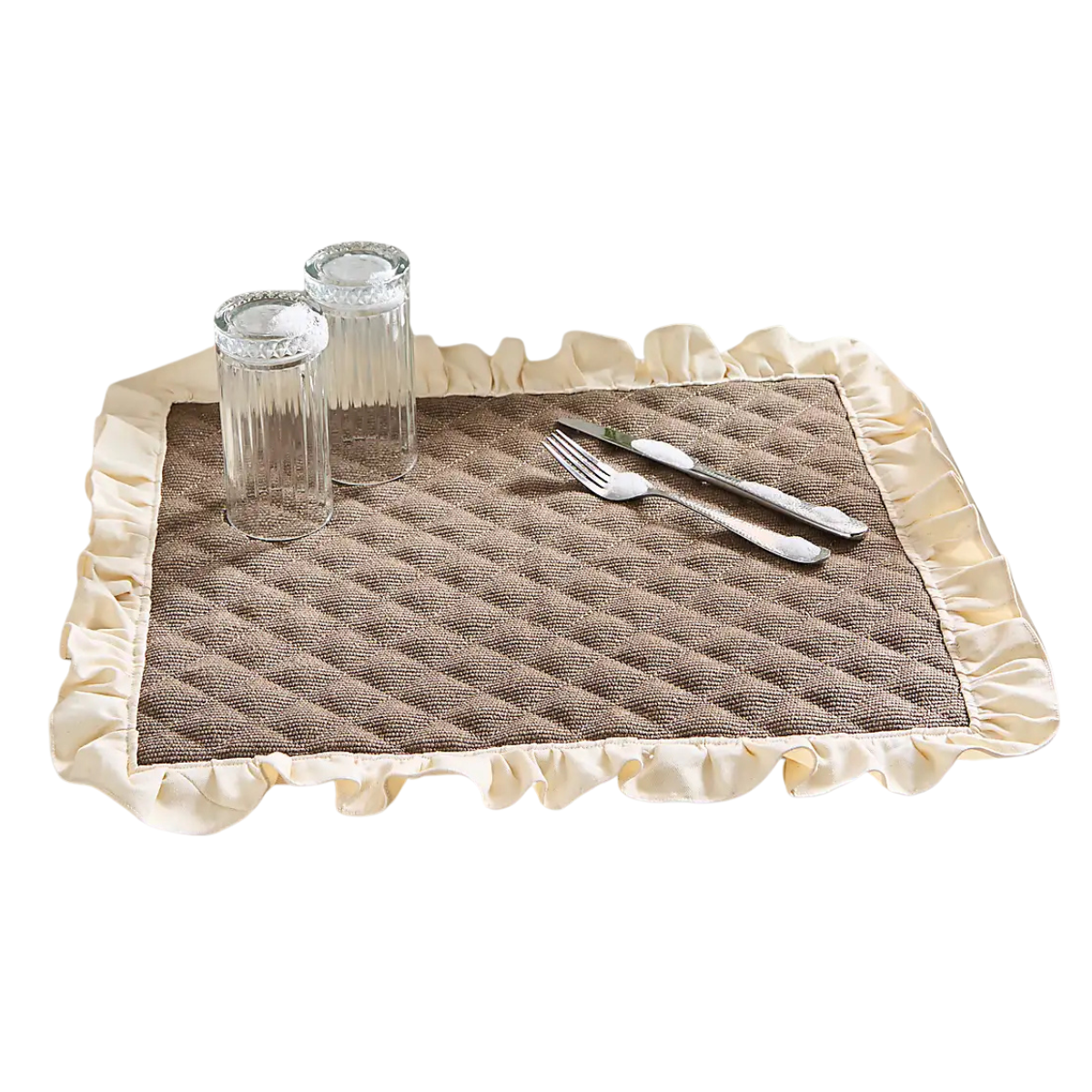 cream and beige frilled sink drying mat