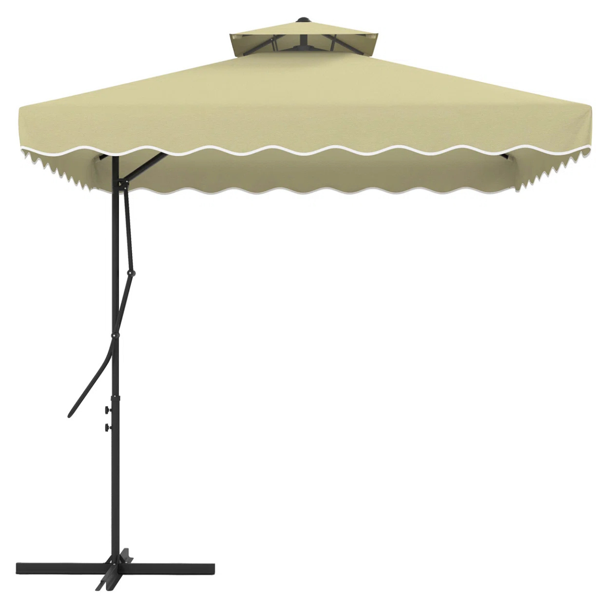 a cantilever parasol in sage green with a white scalloped rim