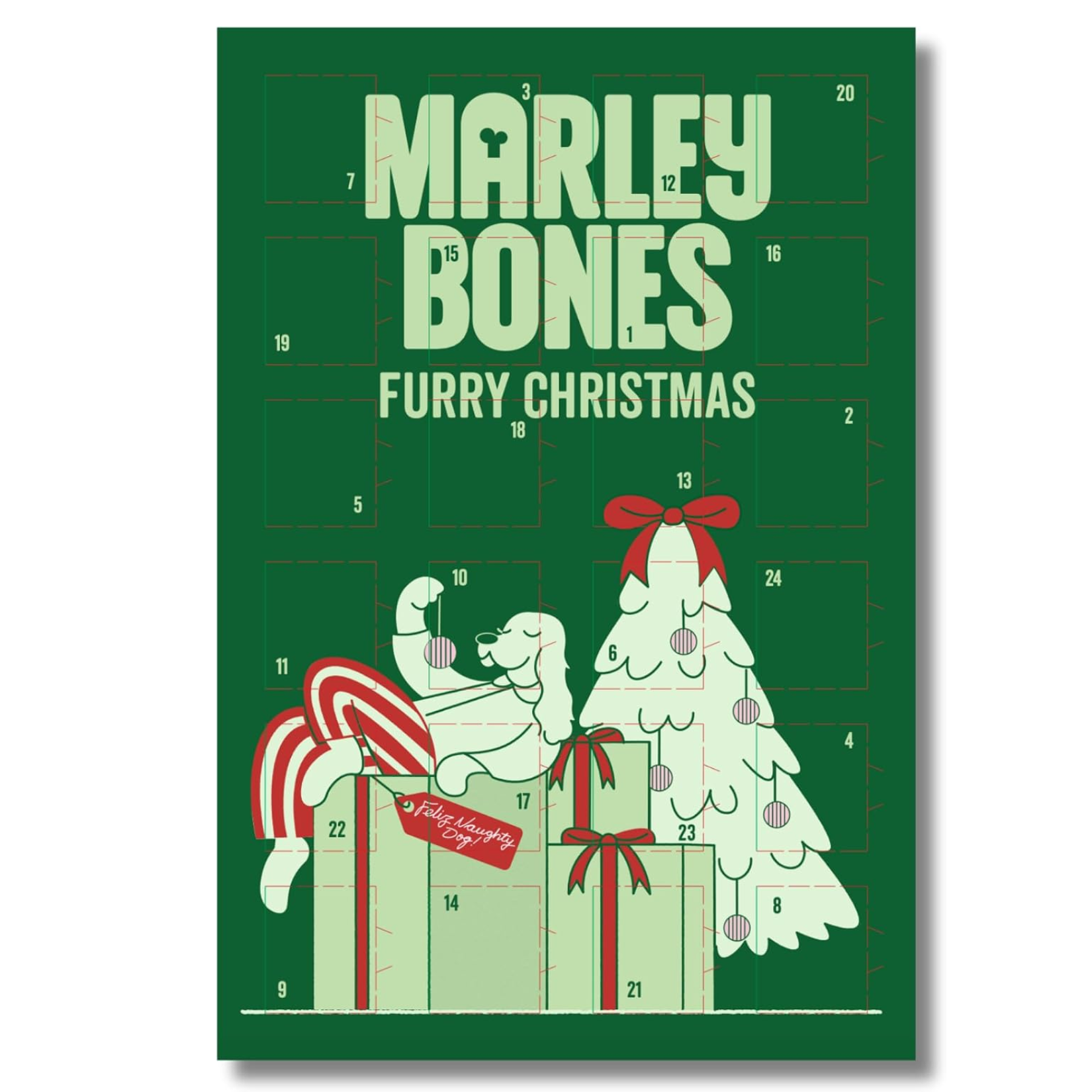 Marleybones "Furry Christmas" dog advent calendar in green, featuring bold light-green typography and an illustration of a dog decorating a tree