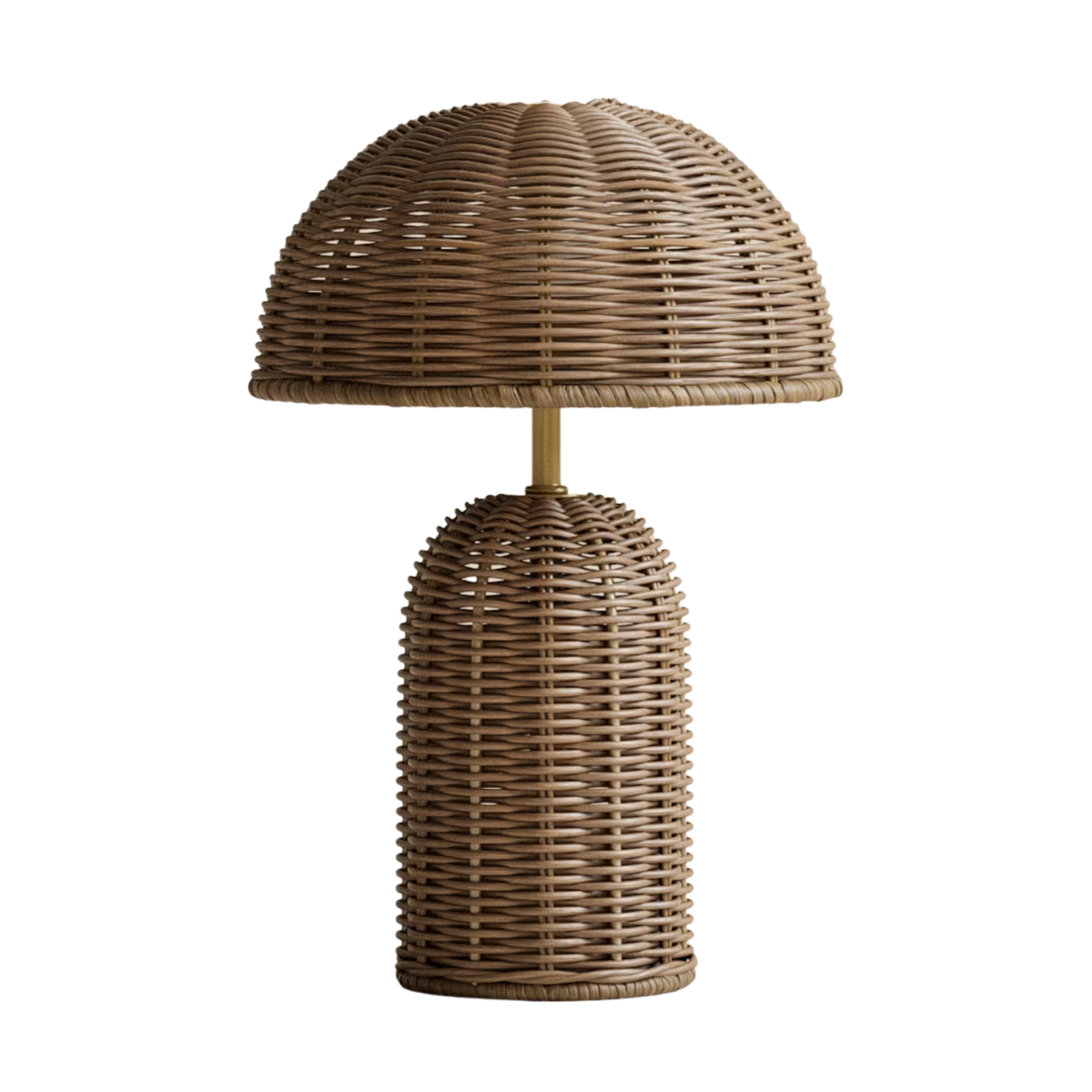 AN ALL OVER RATTAN TABLE LAMP WITH A DOME SHAPE SHADE