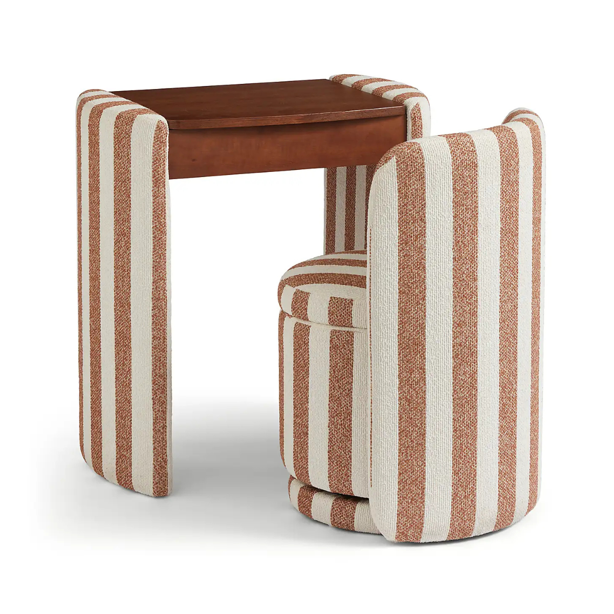 compact white and rust orange stripe dressing table and stool set