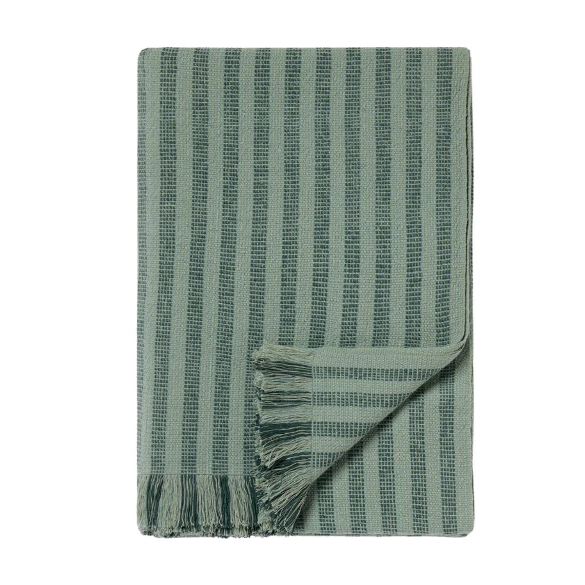 a green and dark green throw blanket with tassels