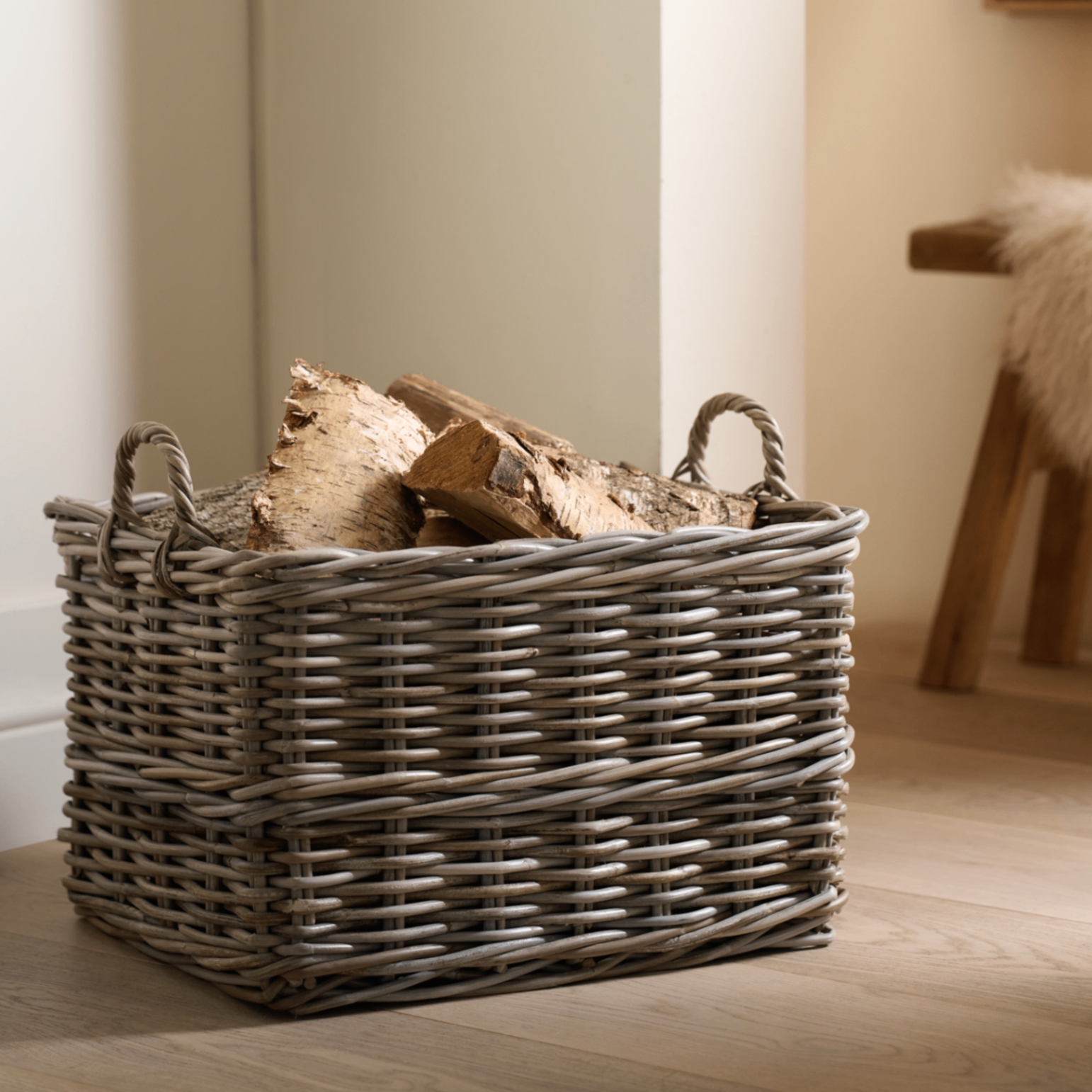 a wicker log basket