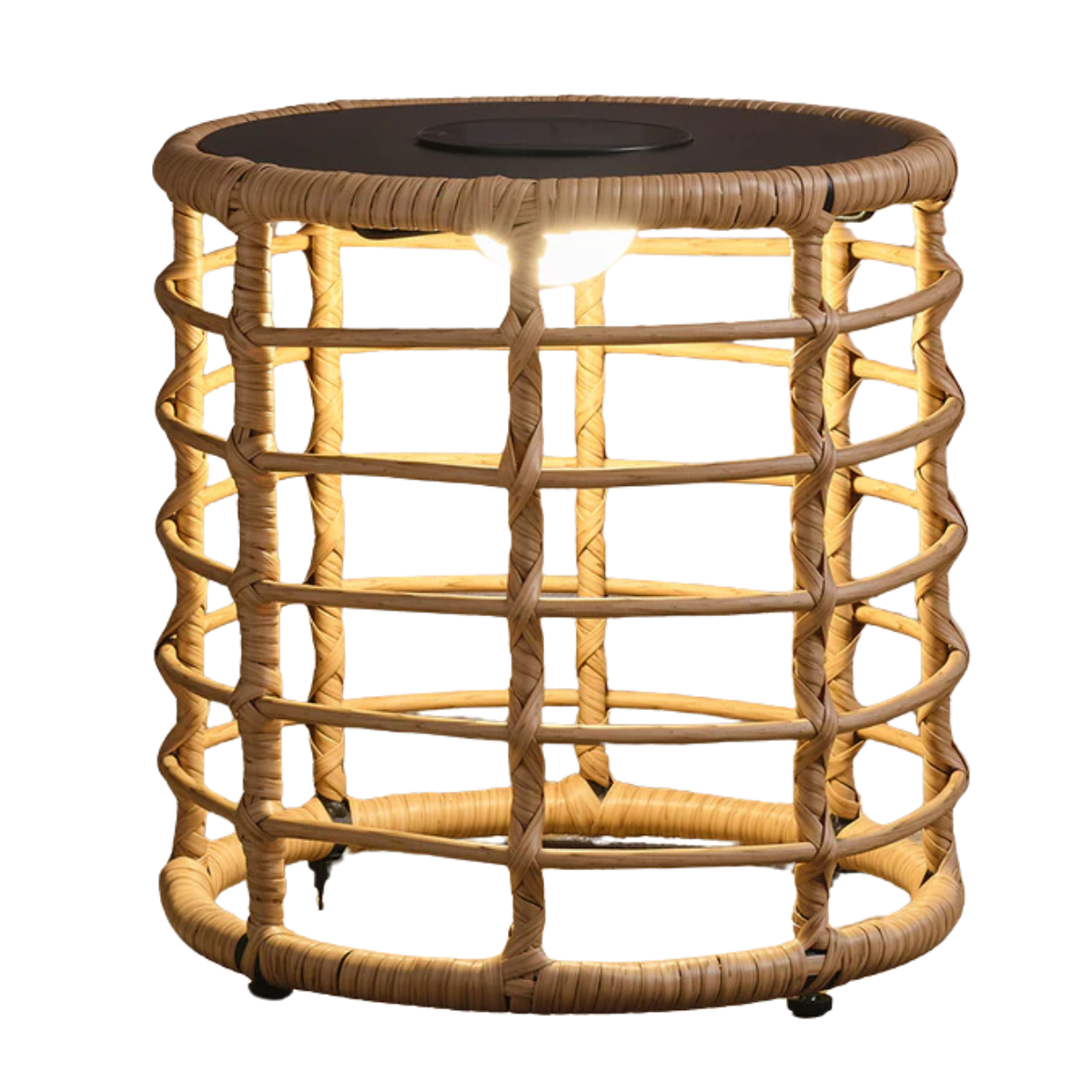 a small rattan round garden table with a solar light under the top