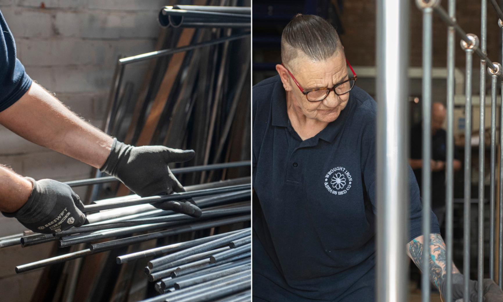 Split image: solid metal bars being selected on the left, and a bedmaker crafting a bed frame in the Wrought Iron & Brass Bed Co. Norfolk workshop on the right.