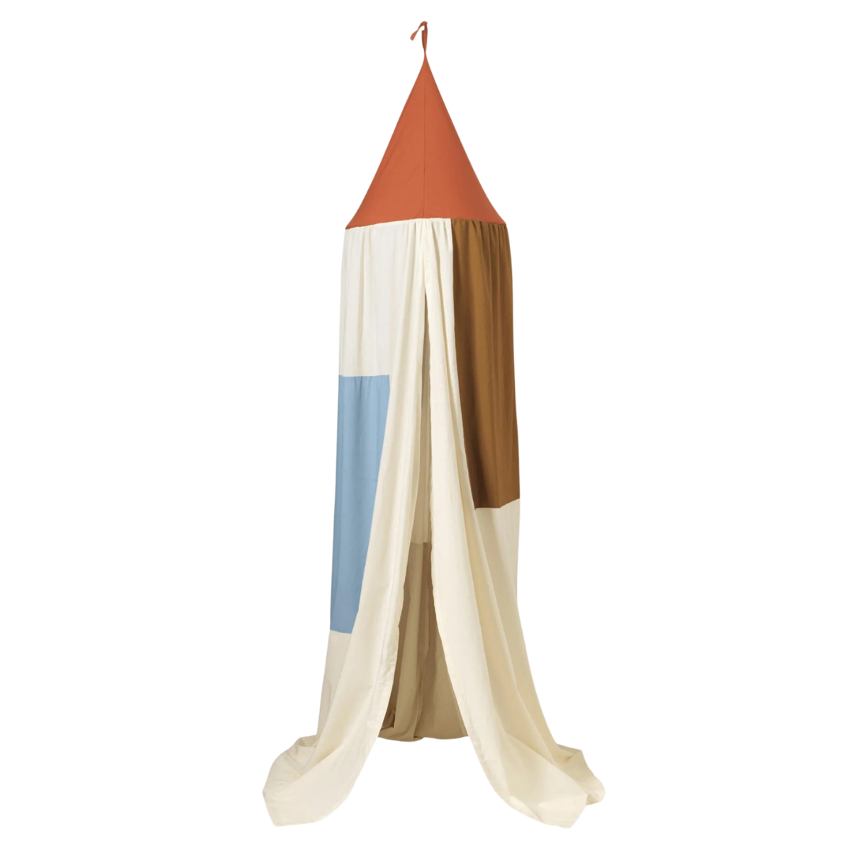 a cream bed canopy with blue red and brown patchwork
