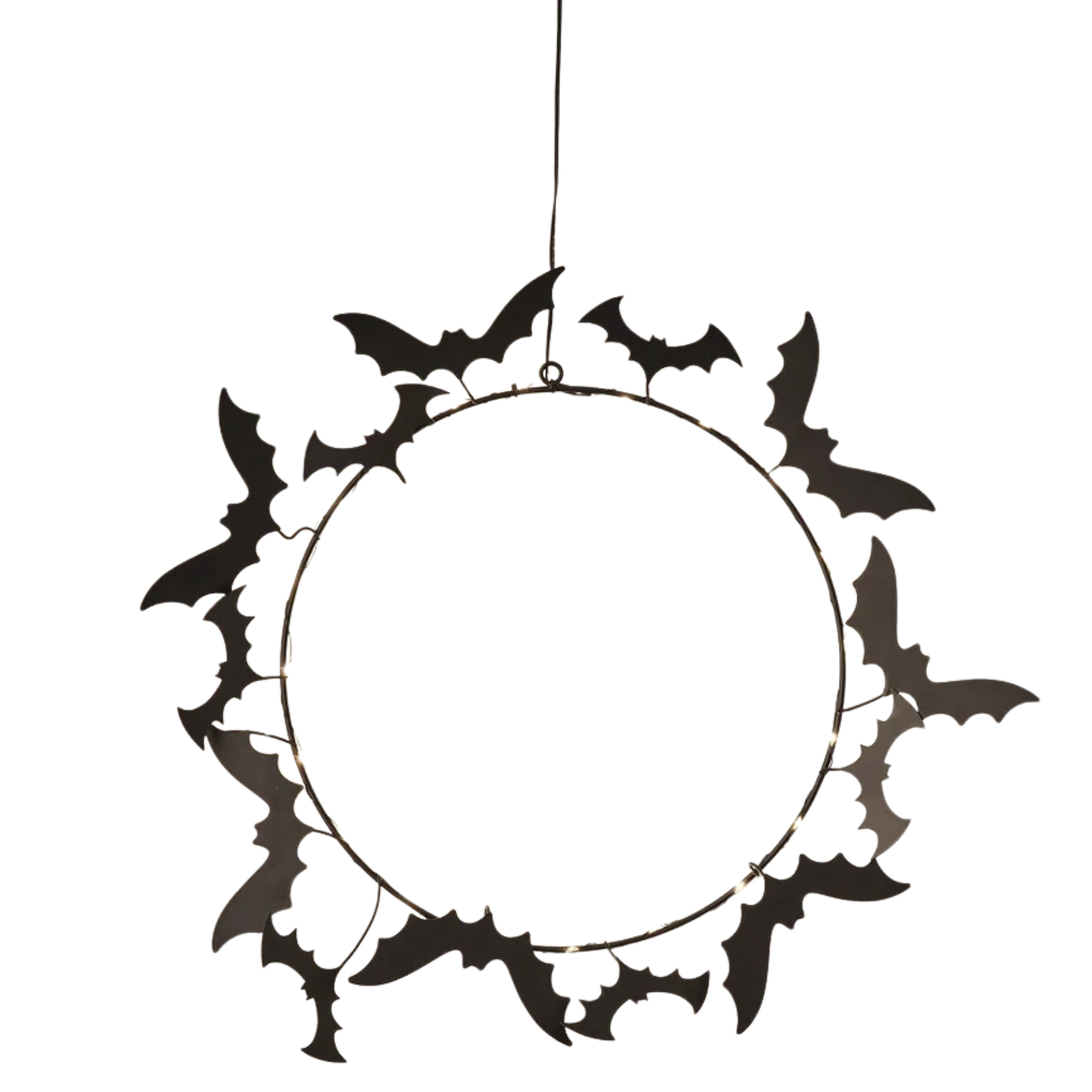 a black metal wreath with black bats and led lights