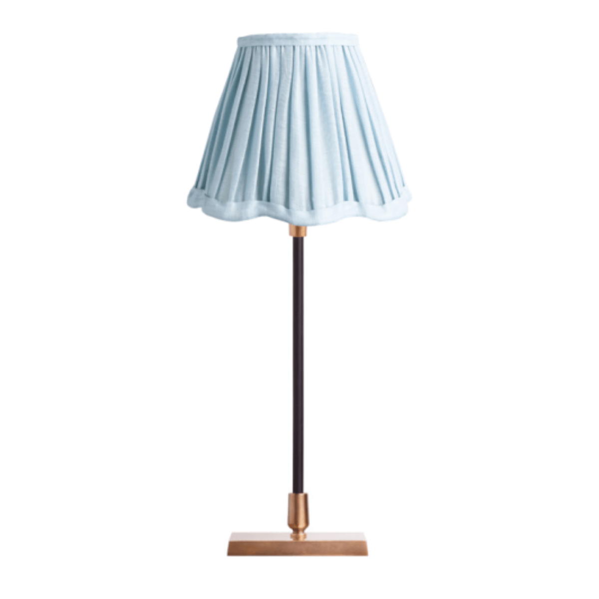a rechargeable table lamp with a pale blue pleated scalloped shade