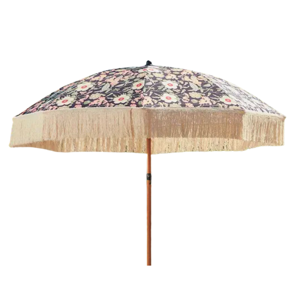a floral parasol with a fringed rim