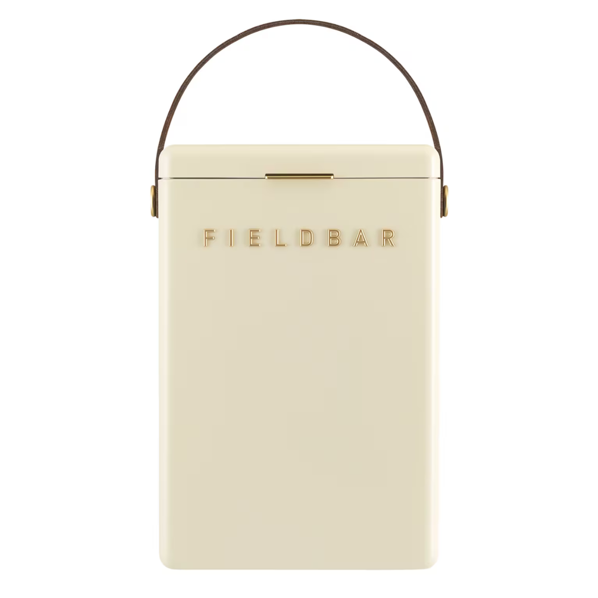 a cream rectangle drinks cooler with a dark strap