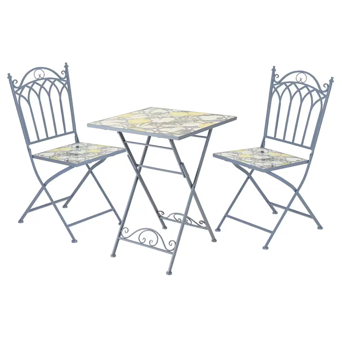 a blue bistro set with lemon mosaic style pattern